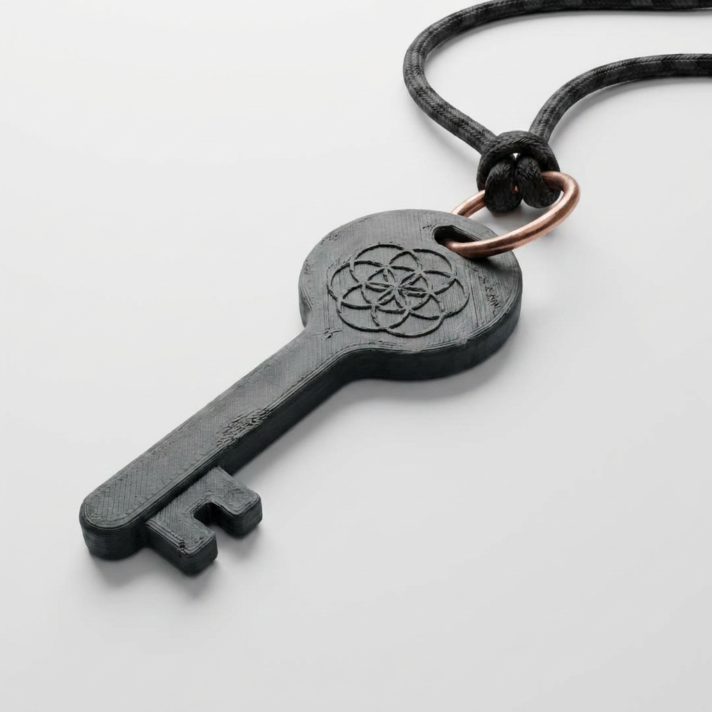 The Eden Key, cast and numbered, hung on a waxed cotton cord