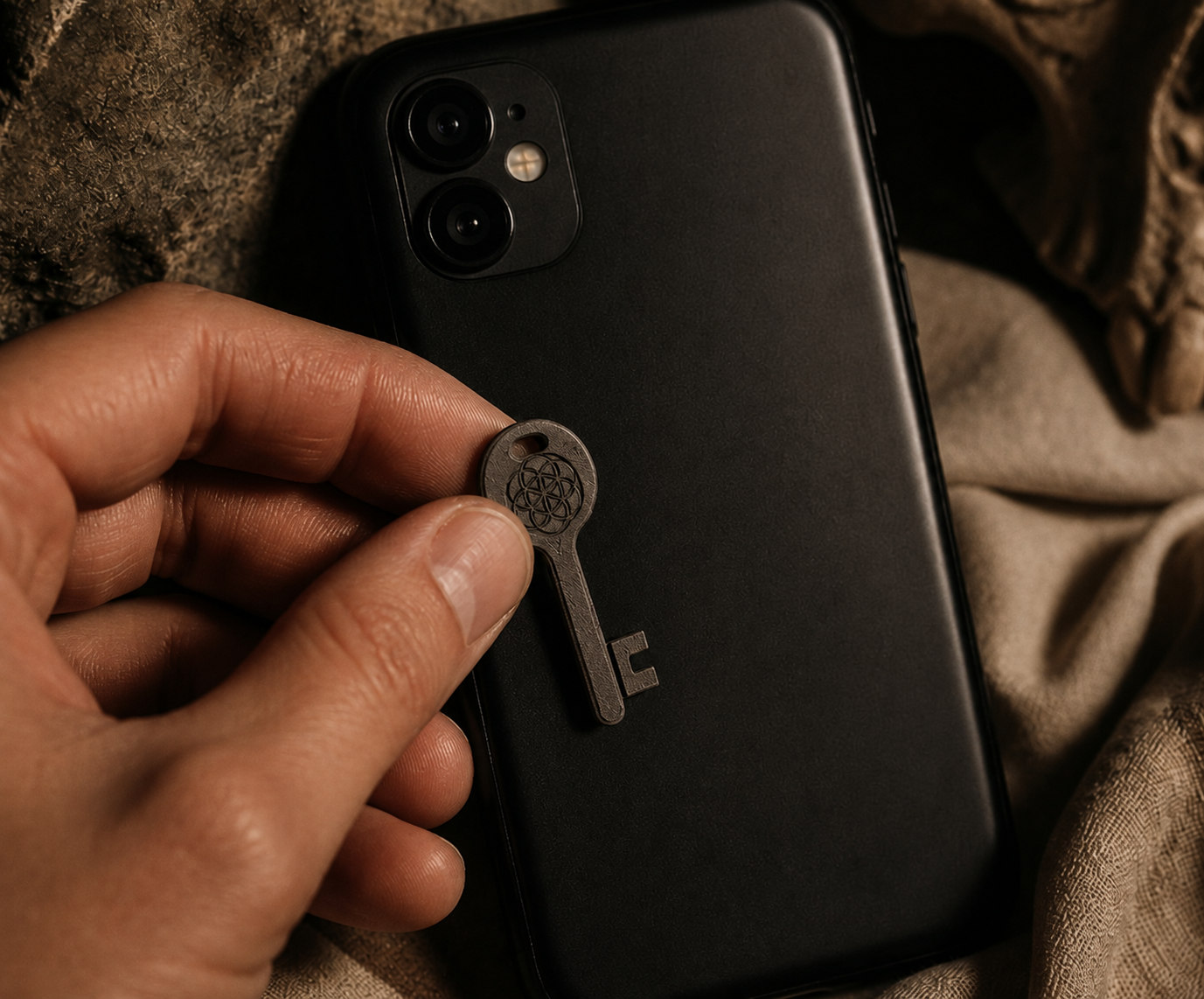 Hand holding the brass Eden Key against the back of a phone