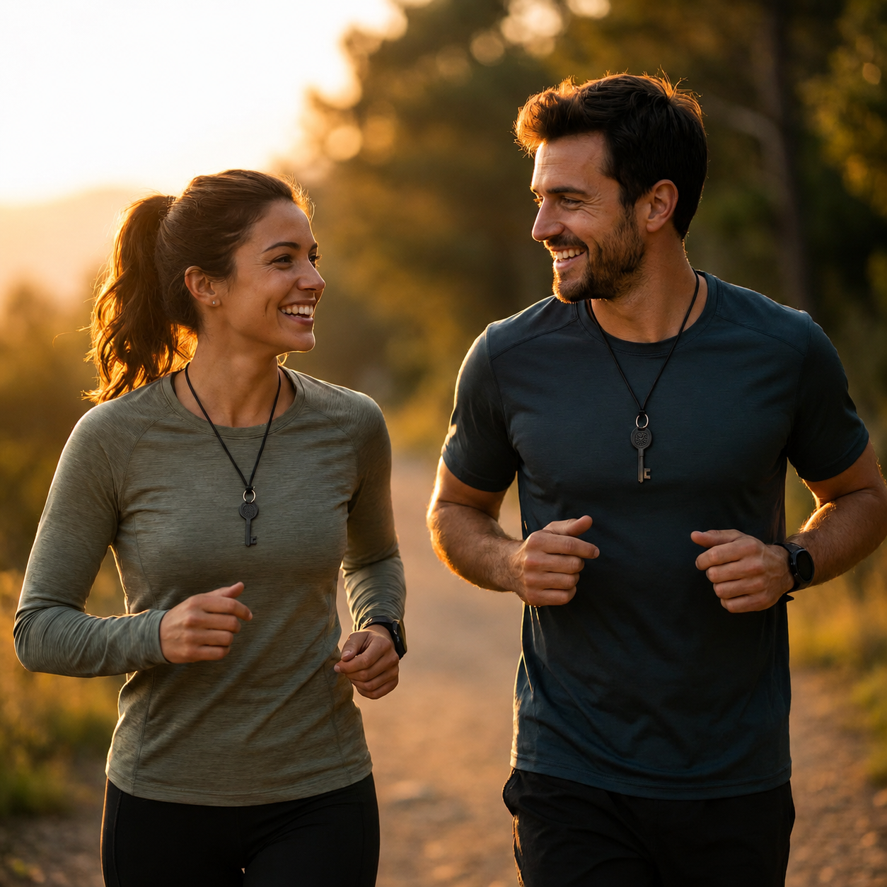 Couple running outdoors at golden hour, each wearing the Eden Key