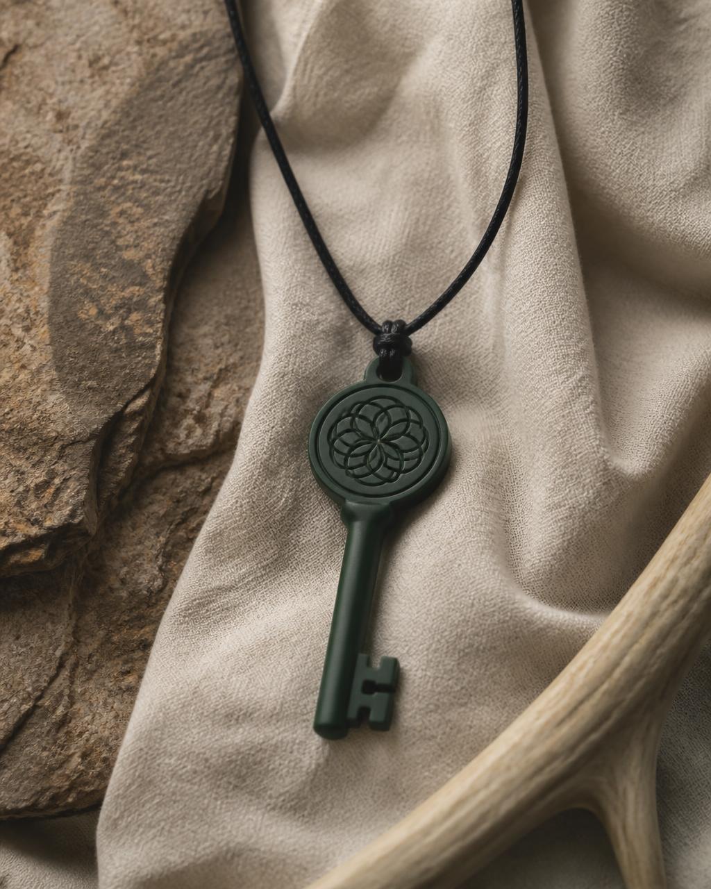 The Eden Key, men's edition — full size 3D printed key pendant on a waxed cord