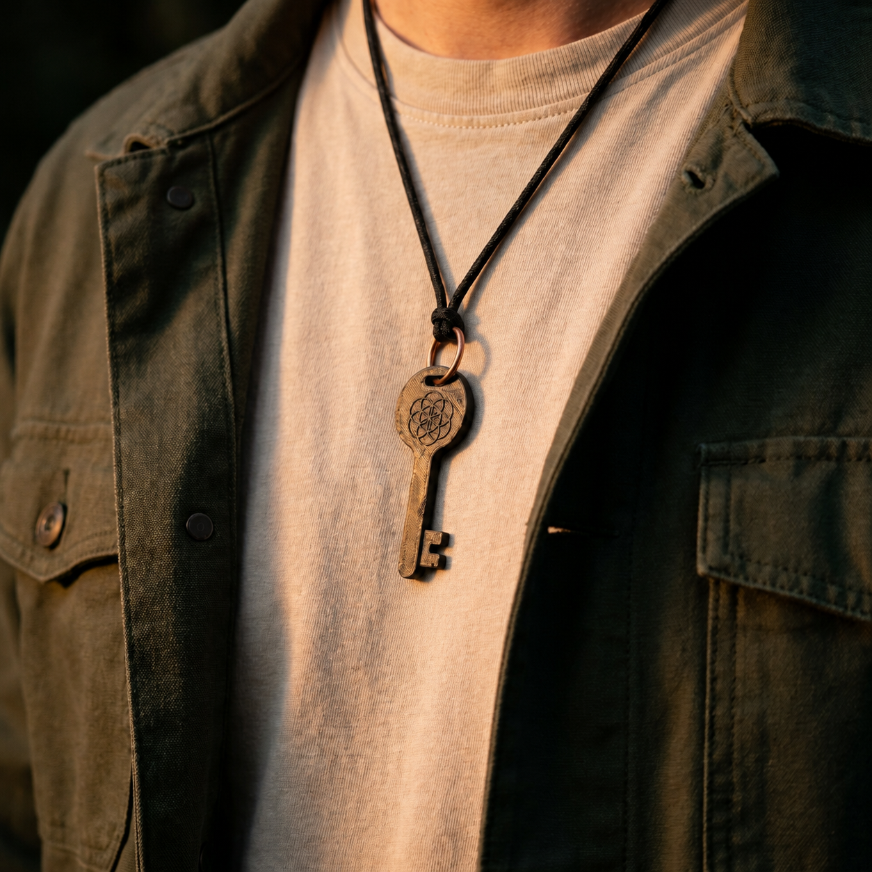 Brass Eden Key resting on the chest above the heart