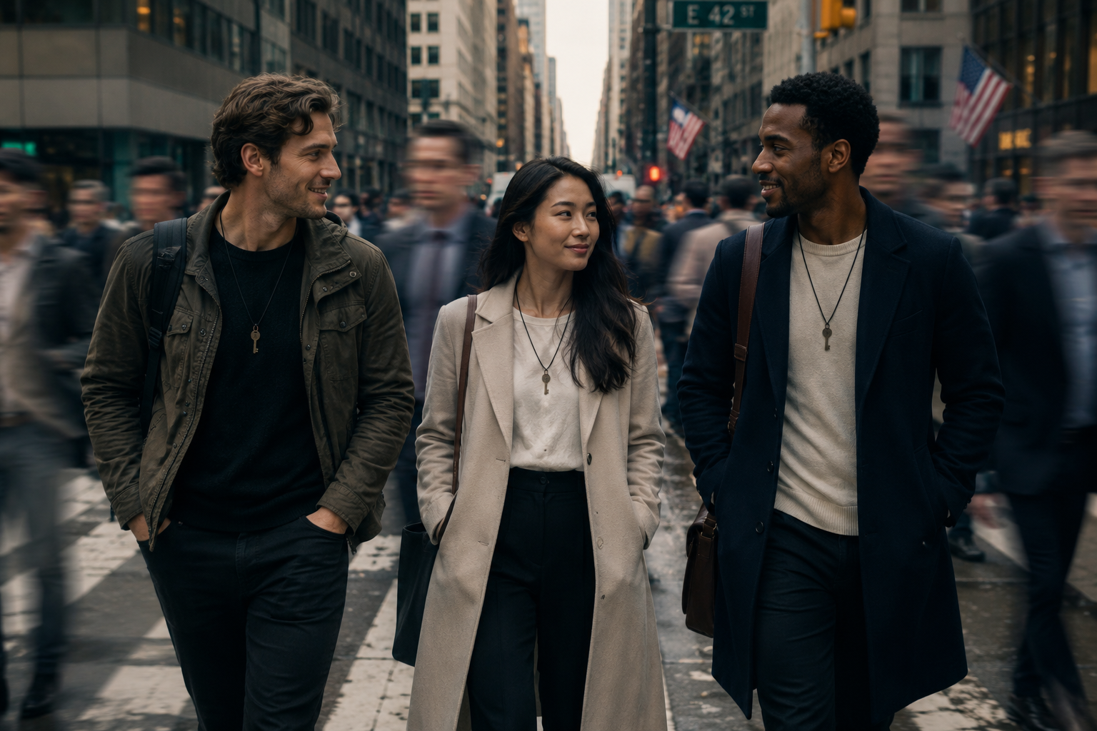 Three friends walking a city street wearing Eden Keys