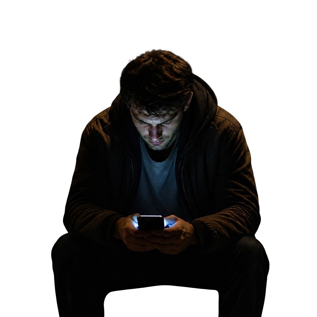 A man aging from 25 to 68 while hunched over a glowing phone