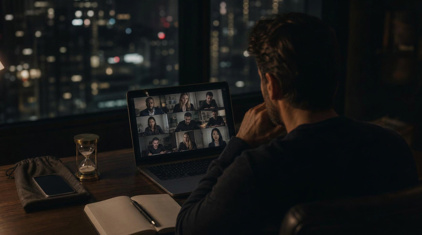 Man at a dark wooden desk at night on a video call, his phone sealed in an Eden sleeve beside a brass hourglass and open notebook